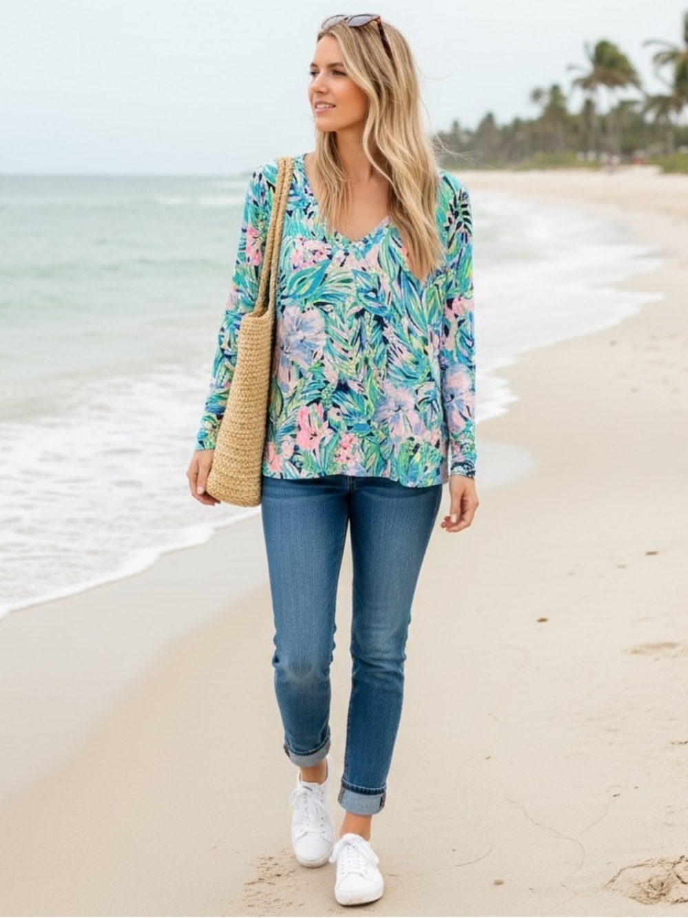 Lilly Pulitzer Pink Blue Floral Etta V-neck Long Sleeve Top “Bermudaful”